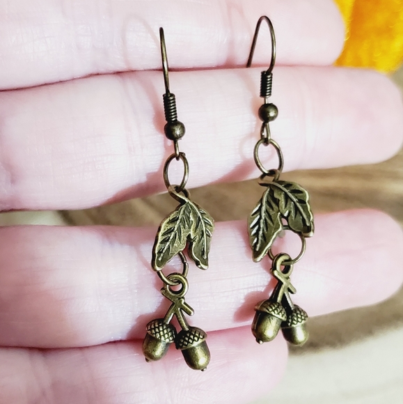 Acorn earrings leafs bronze handmade NEW fall autumn Thanksgiving gift vtg style - Picture 14 of 14